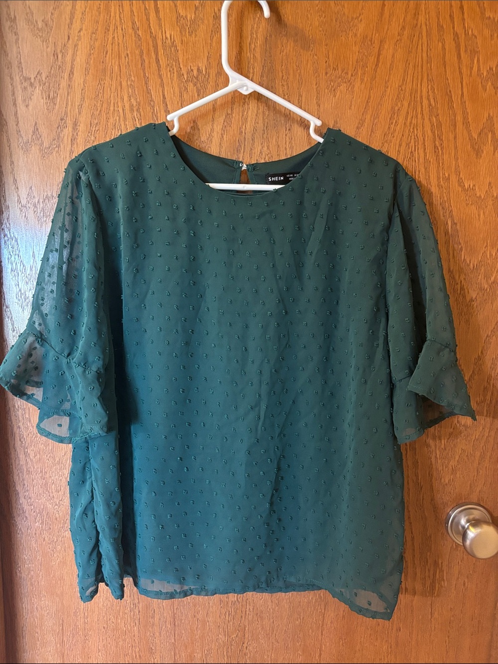 SHEIN Emerald Green Textured Ruffle Sleeve Blouse